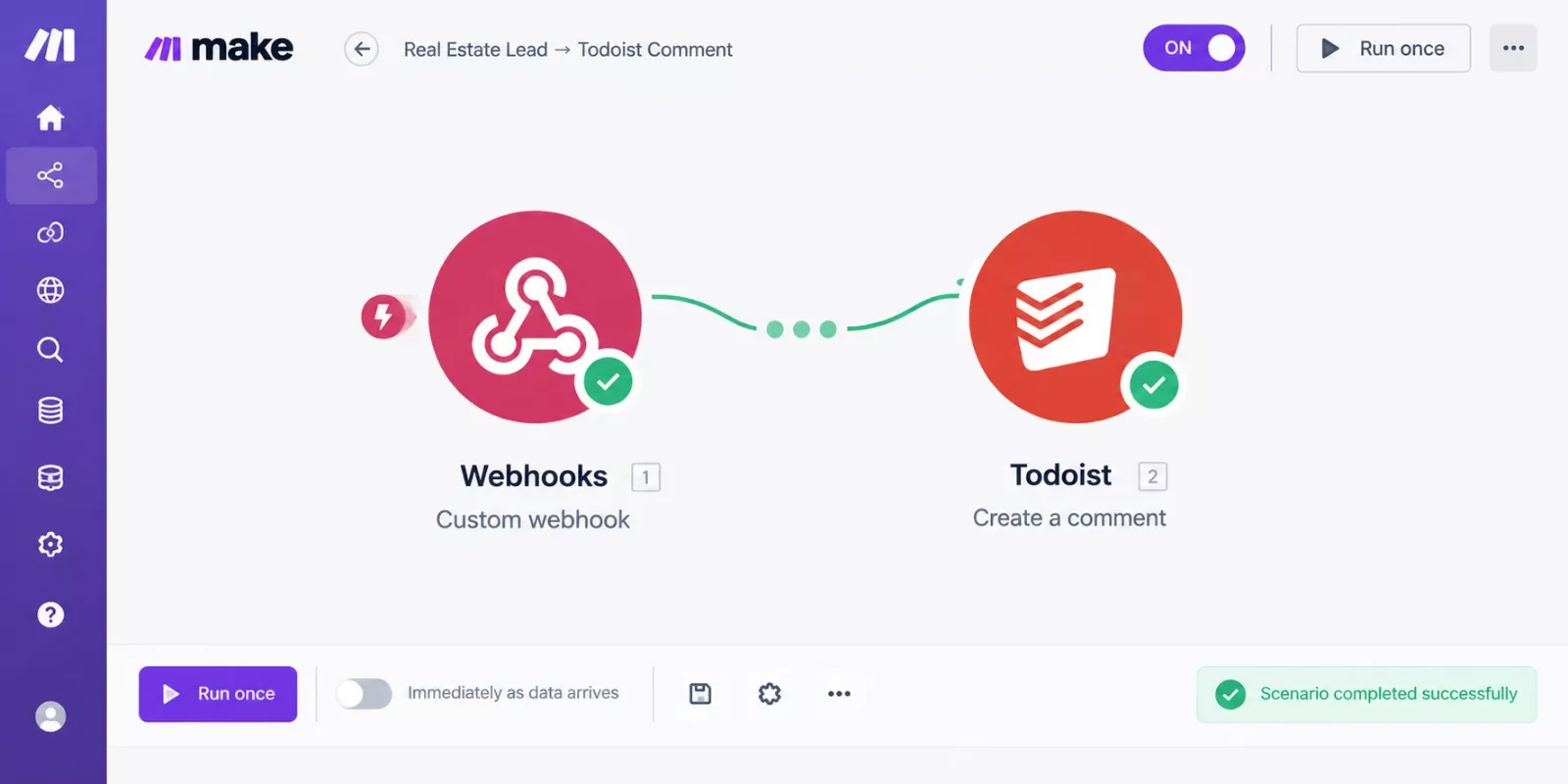 Make.com scenario with a Custom webhook module connected by a curved line to a Todoist Create a comment module