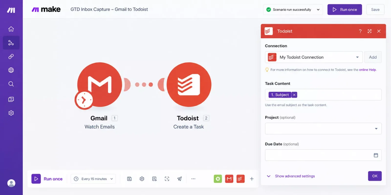 Make scenario with a Gmail Watch Emails module linked to a Todoist Create a Task module