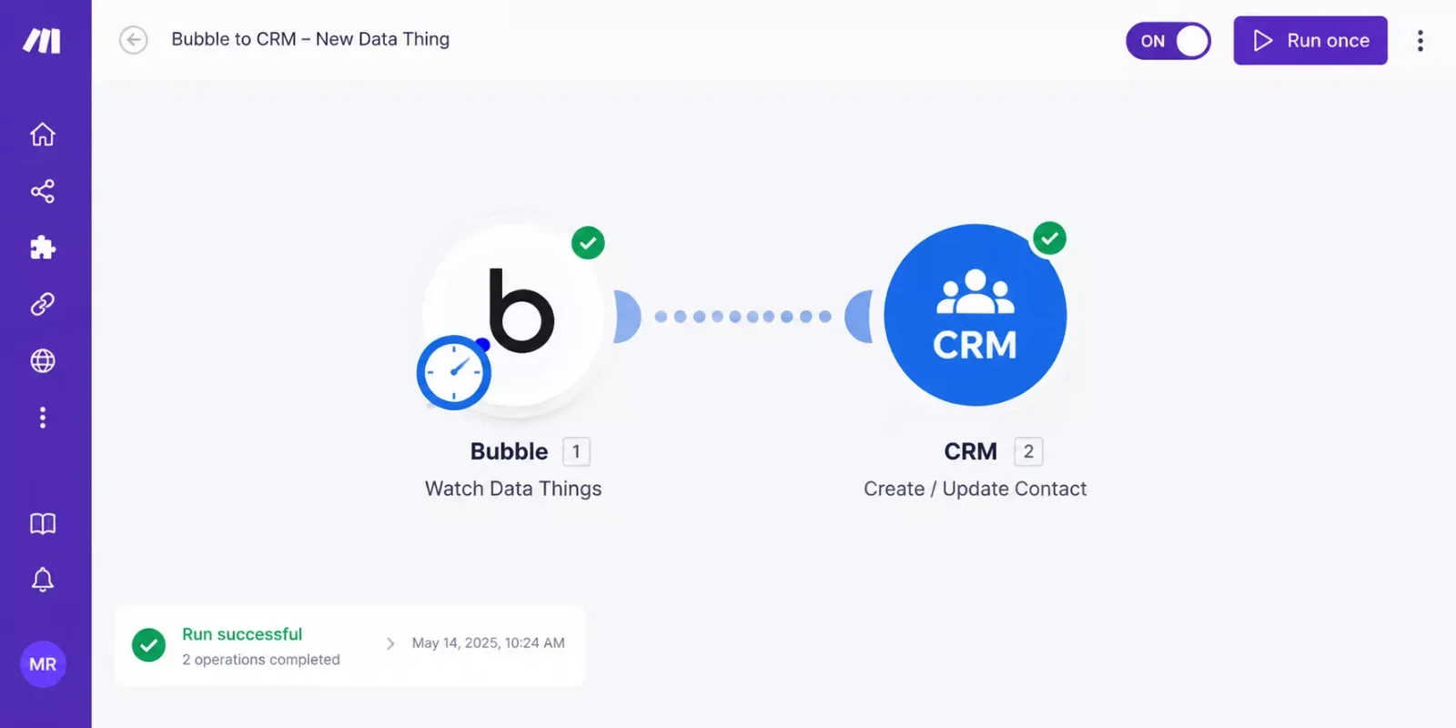 Make scenario with a Bubble Watch Data Things module linked by a curved line to a CRM module