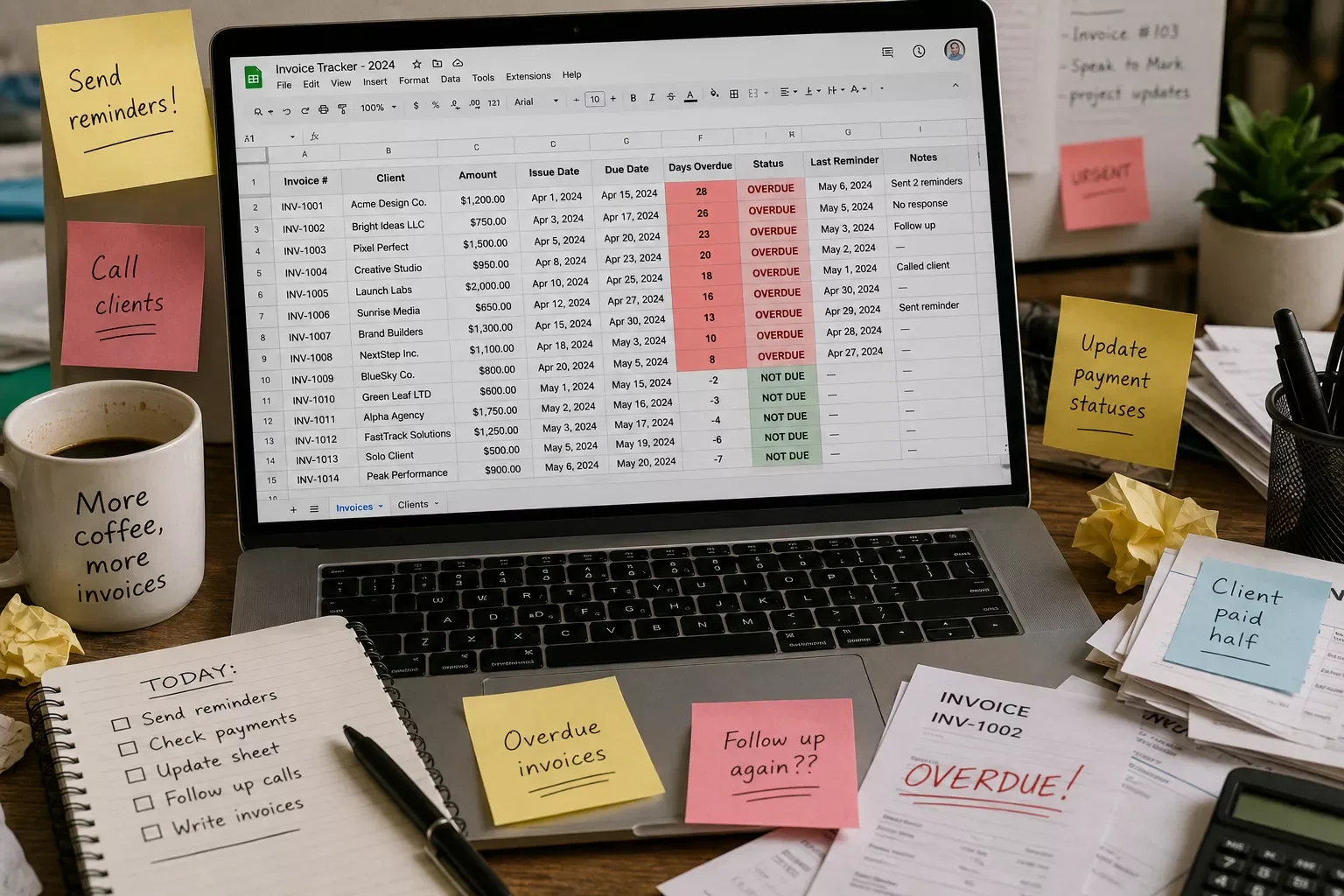 Messy freelancer invoice tracking spreadsheet with overdue payments highlighted in red