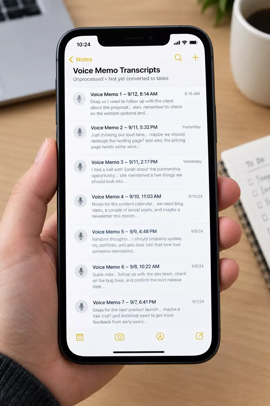 Solopreneur reviewing a messy list of unprocessed voice memo transcripts on a phone screen