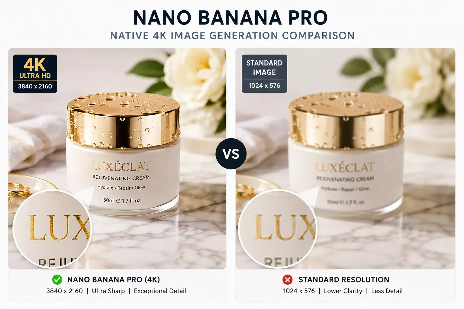 Side-by-side comparison of a 4K image generated by Nano Banana Pro against a standard resolution output