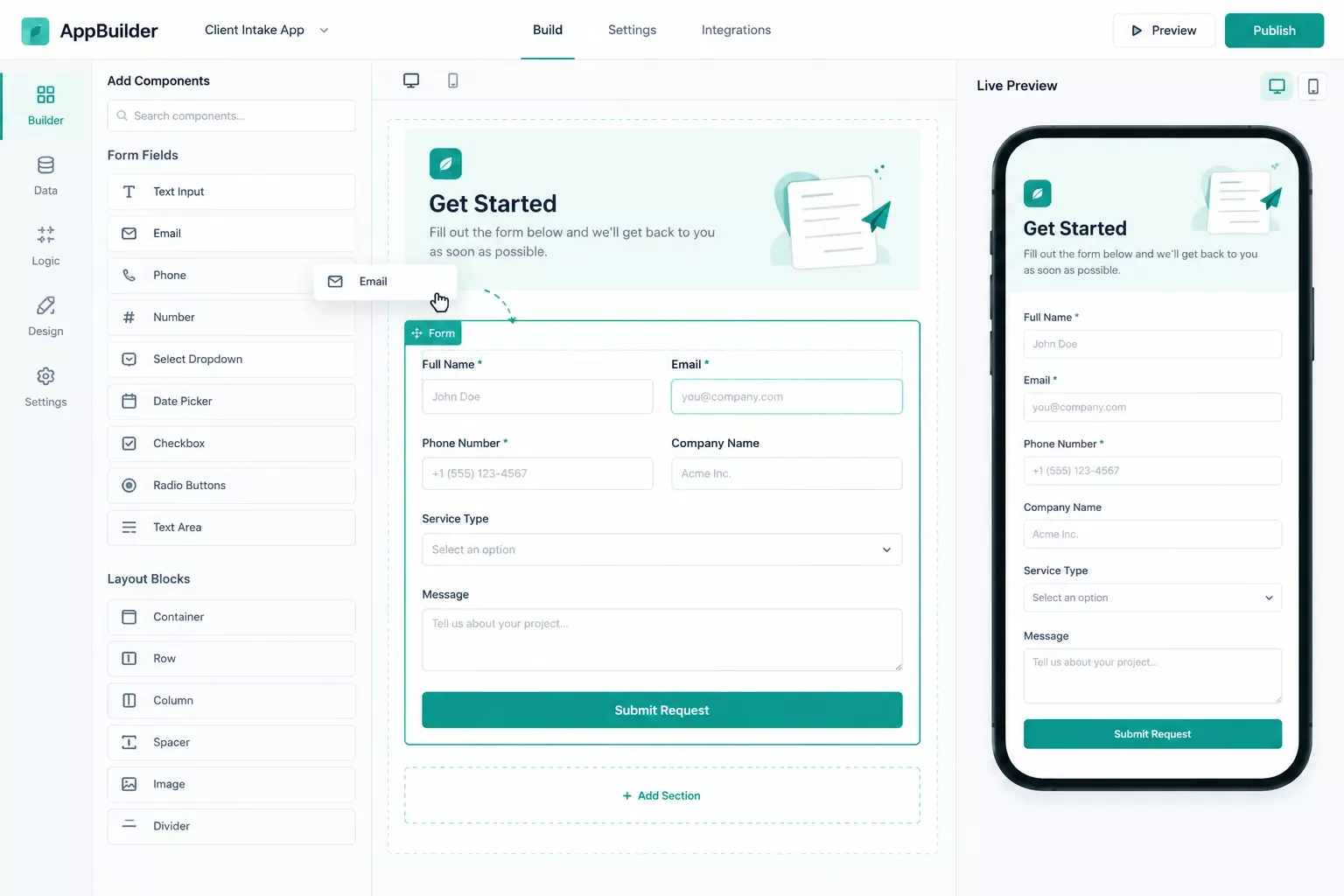 Drag and drop no-code app builder canvas showing form fields and layout blocks