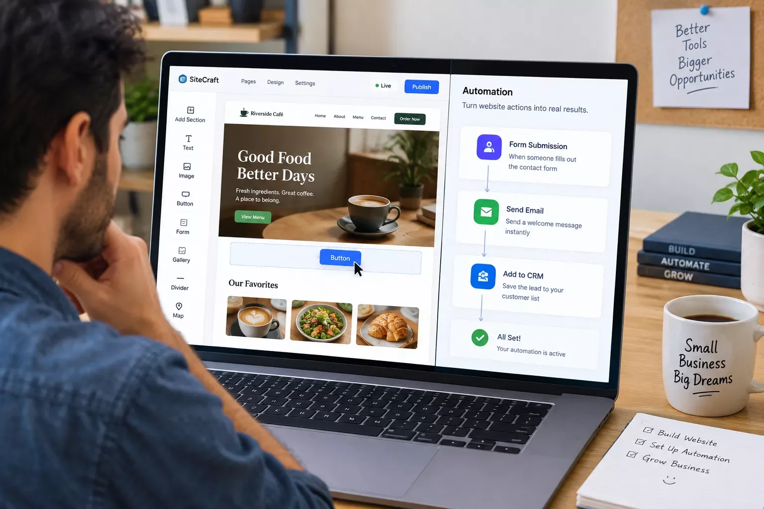 Small business owner reviewing a live website builder dashboard next to a simple automation flow diagram