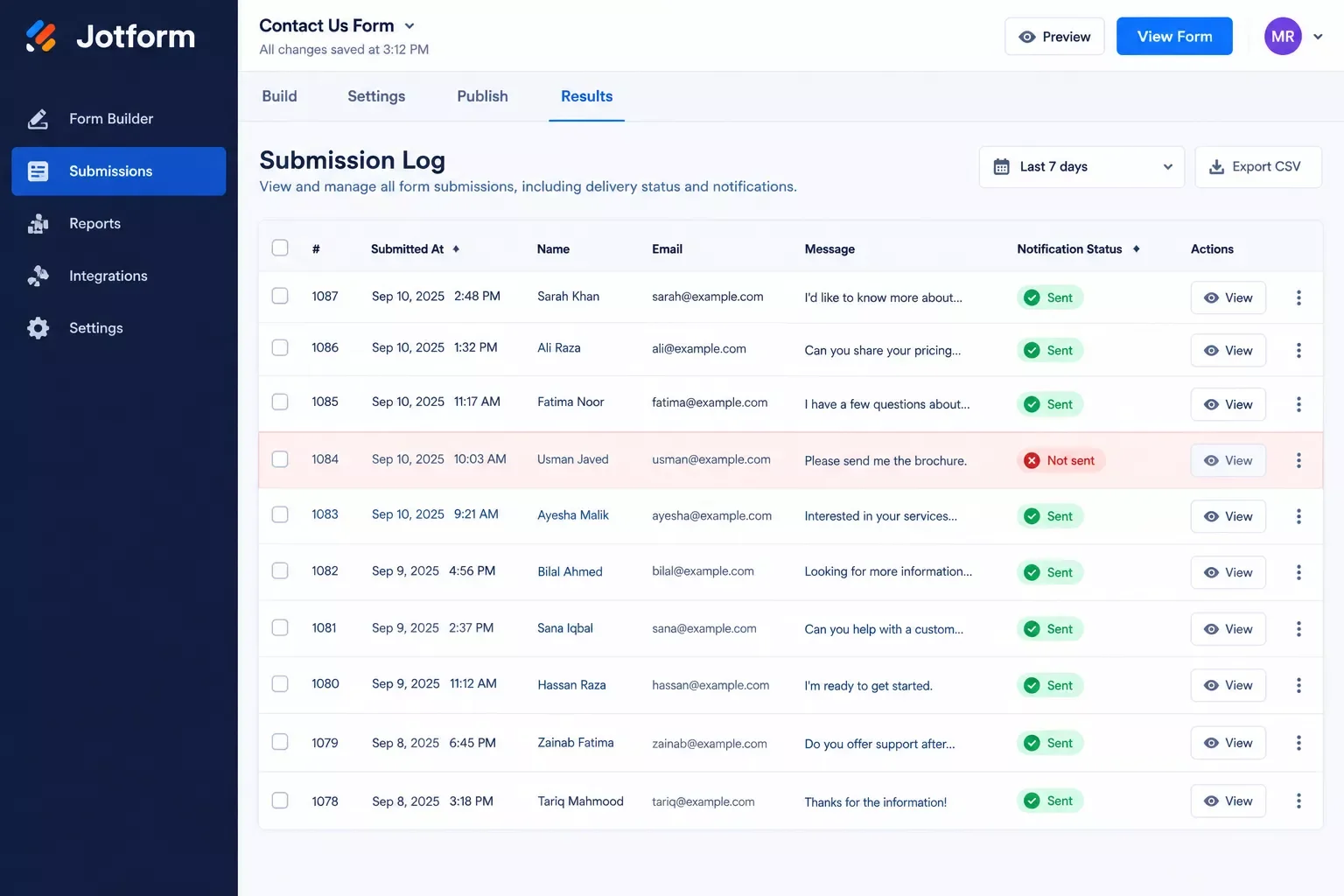 Jotform submission log dashboard showing a list of recent form entries with timestamps and delivery status