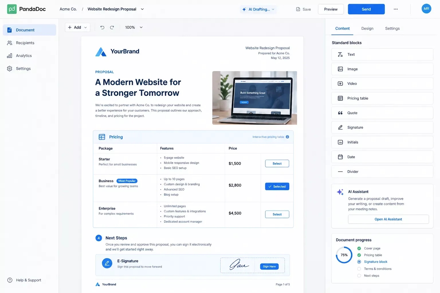 PandaDoc dashboard showing an in-progress AI-drafted proposal with pricing table
