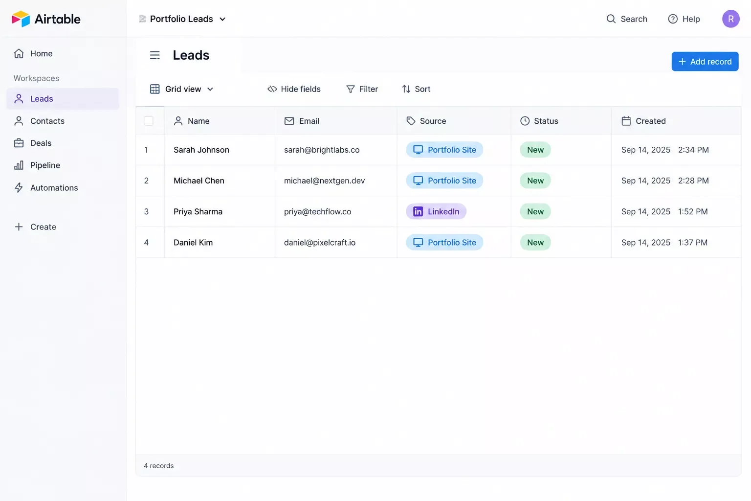 CRM dashboard showing new portfolio site leads automatically tagged by source
