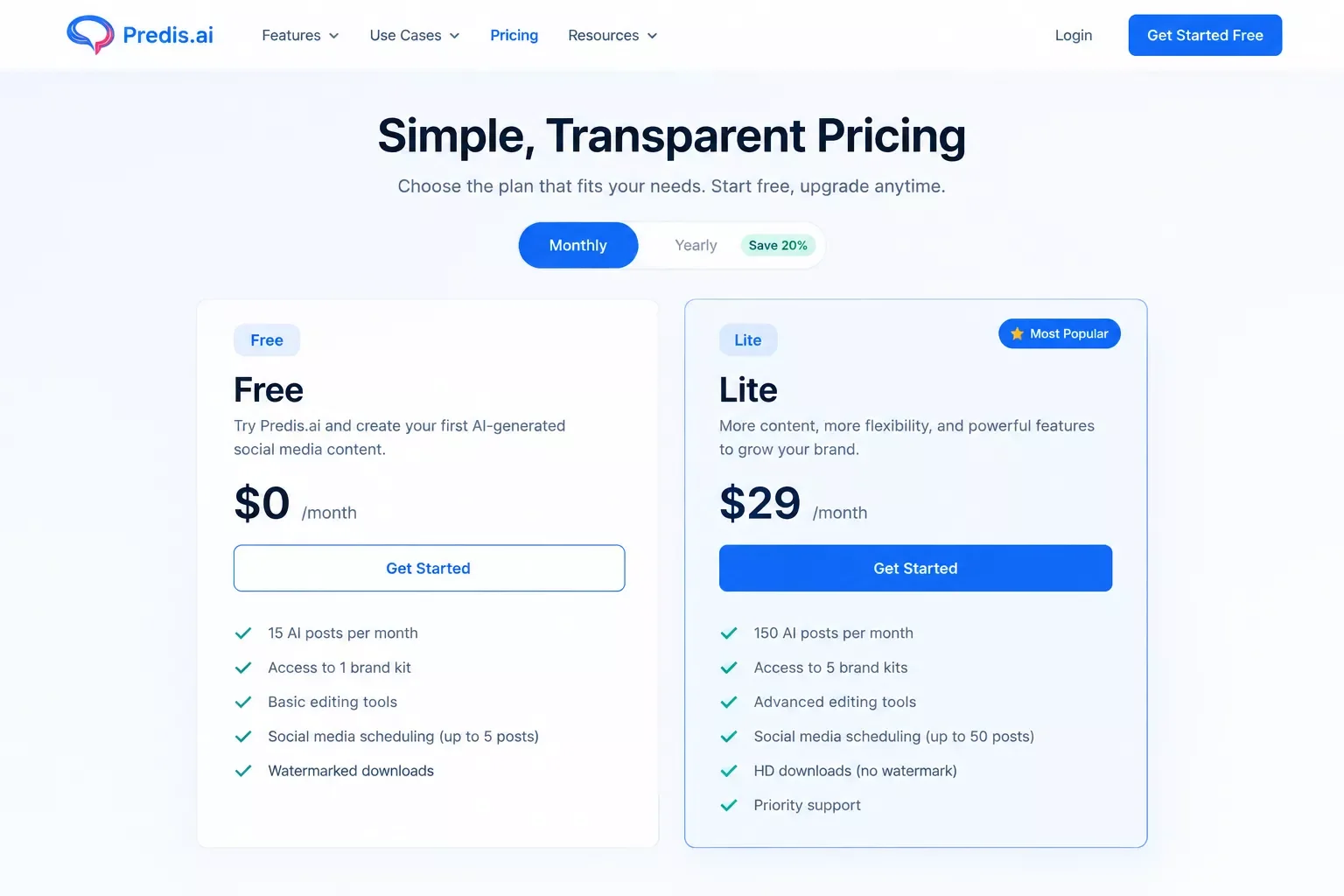 Predis.ai pricing tiers dashboard showing plan comparison