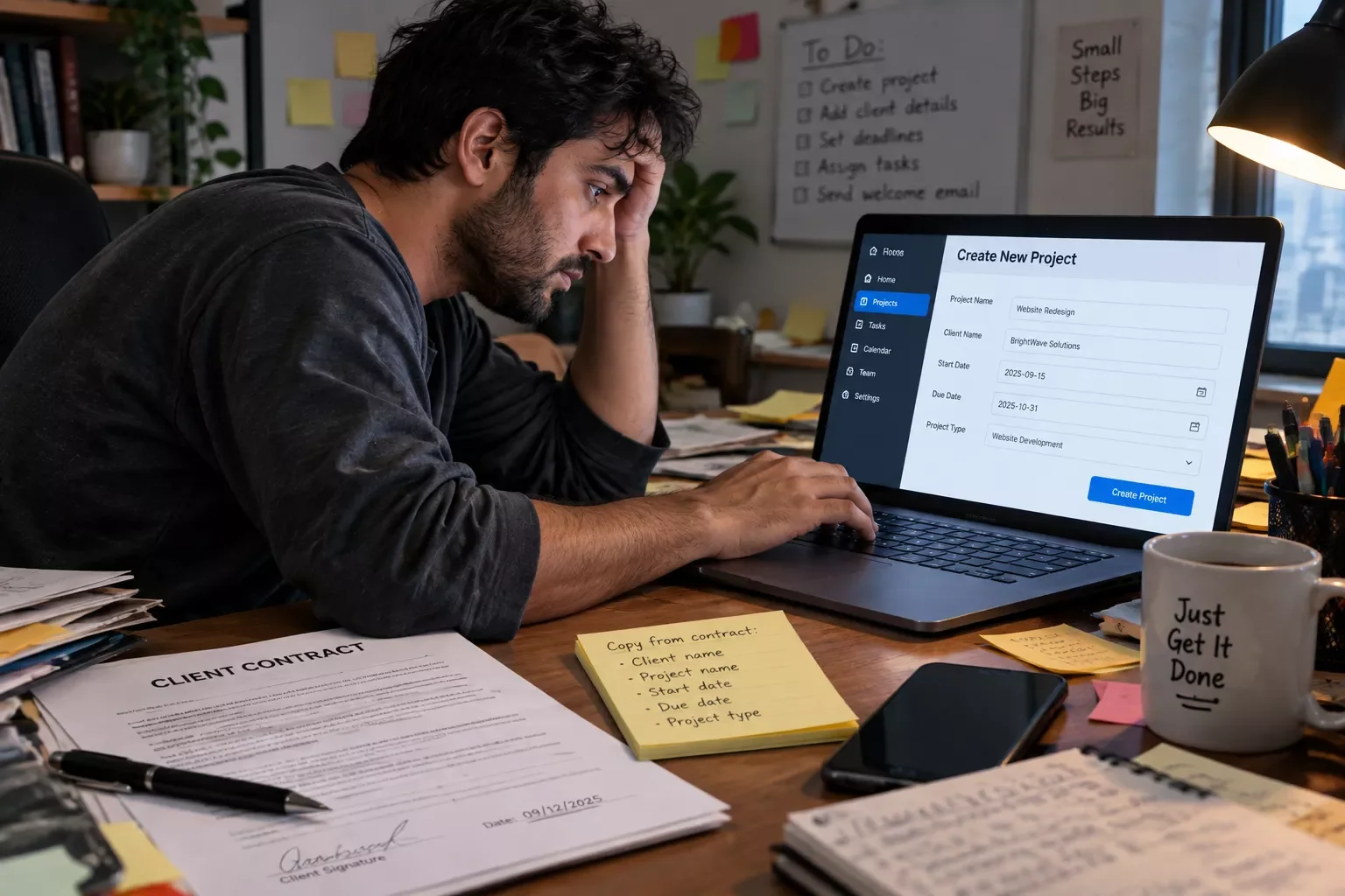 Solopreneur manually creating a new project in project management software, copying client details from a contract
