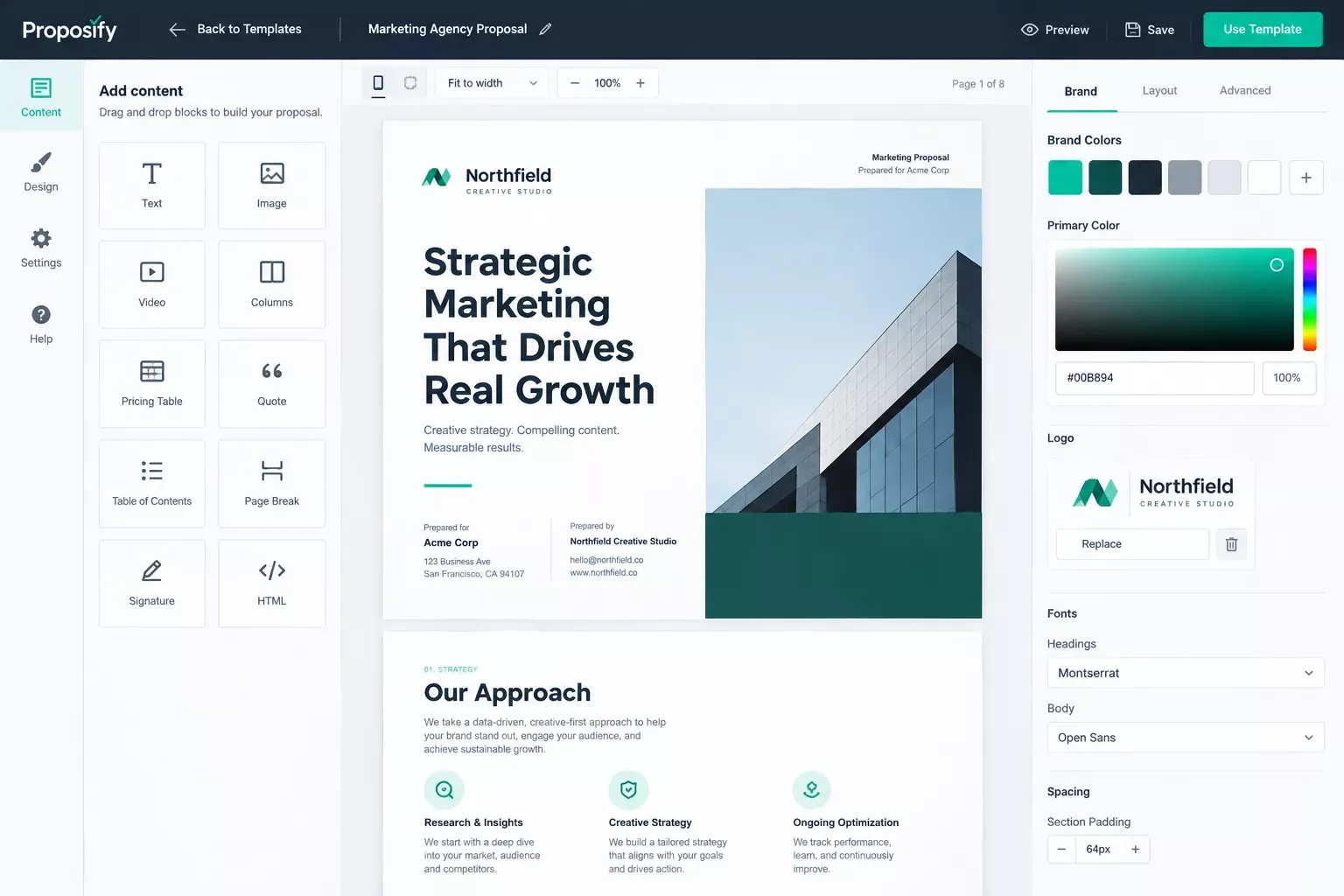 Proposify branded template editor with drag-and-drop design controls