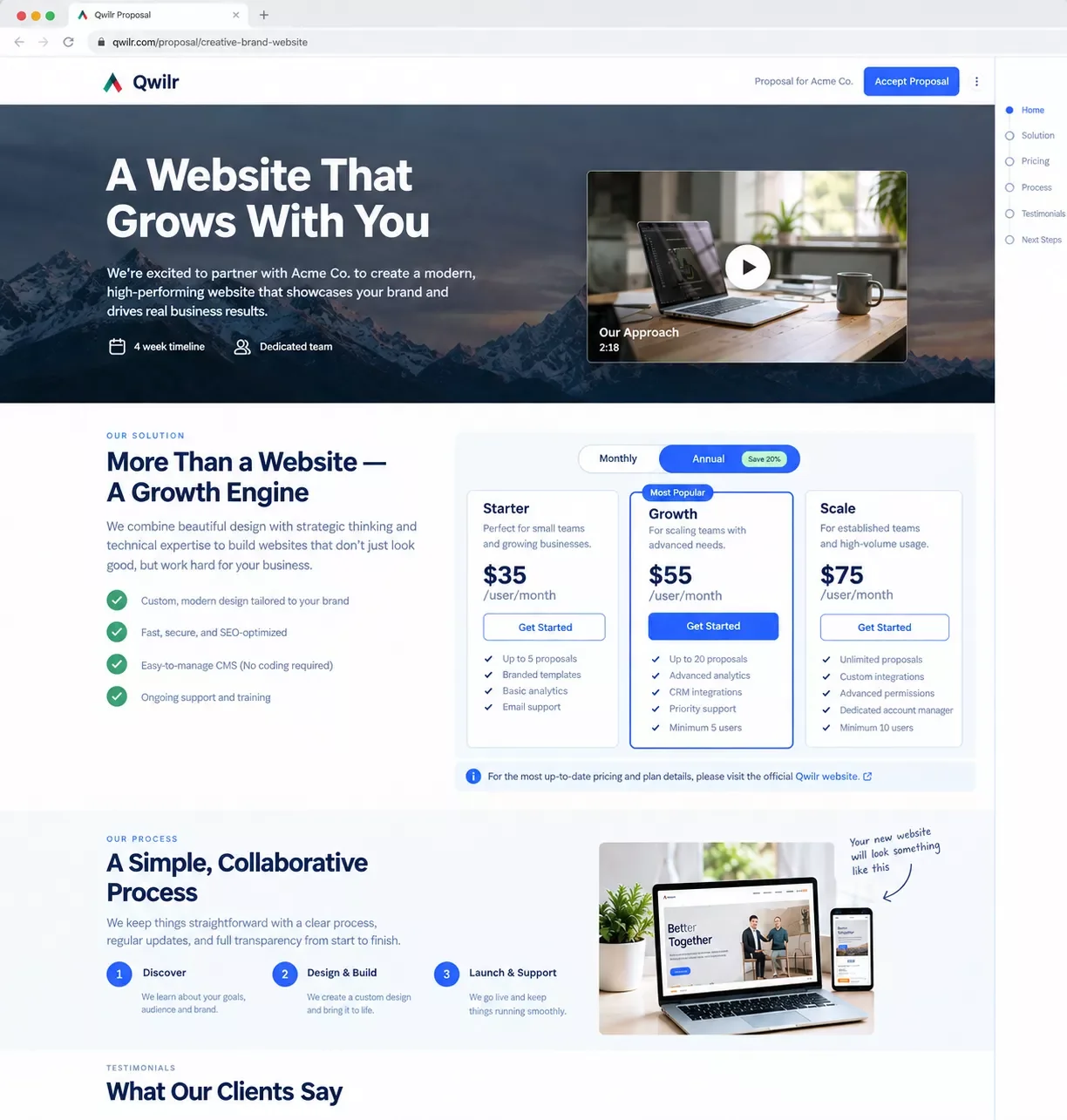 Qwilr interactive web-based proposal page with embedded pricing toggle