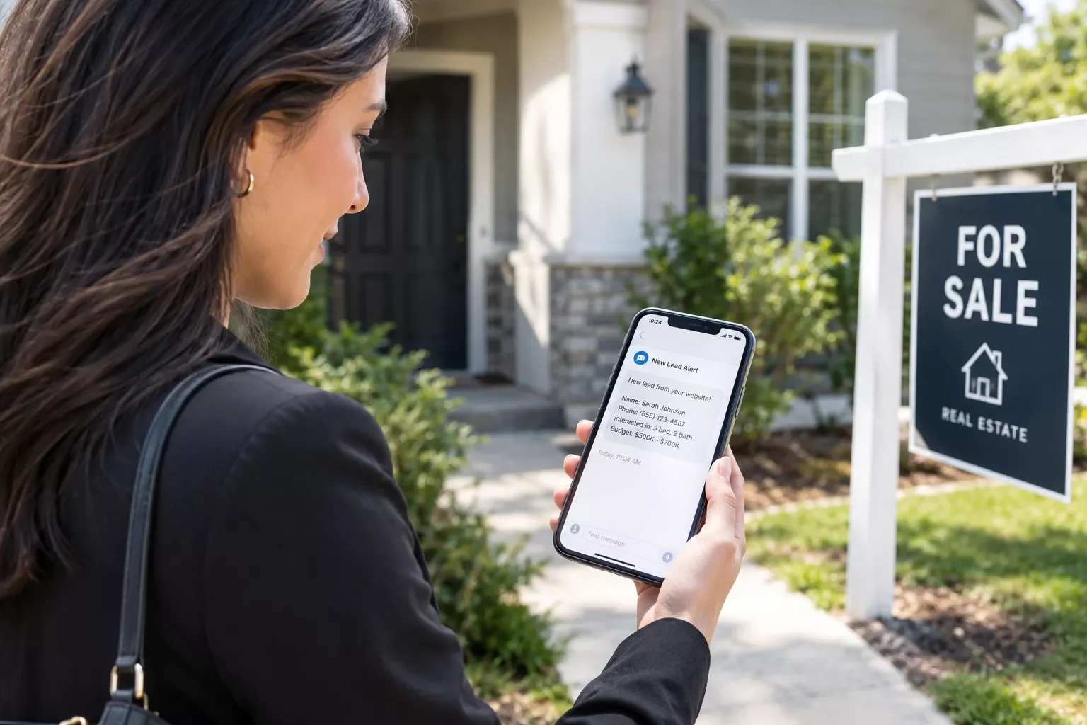 Real estate agent reviewing a new lead notification on their phone while standing outside a listed property