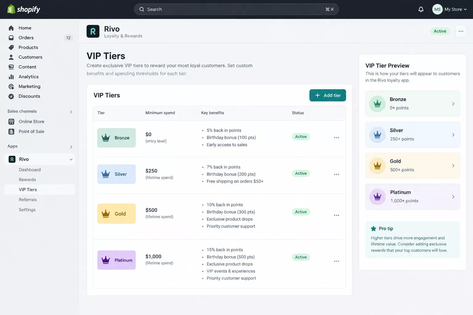 Rivo loyalty app VIP tier setup screen in Shopify admin