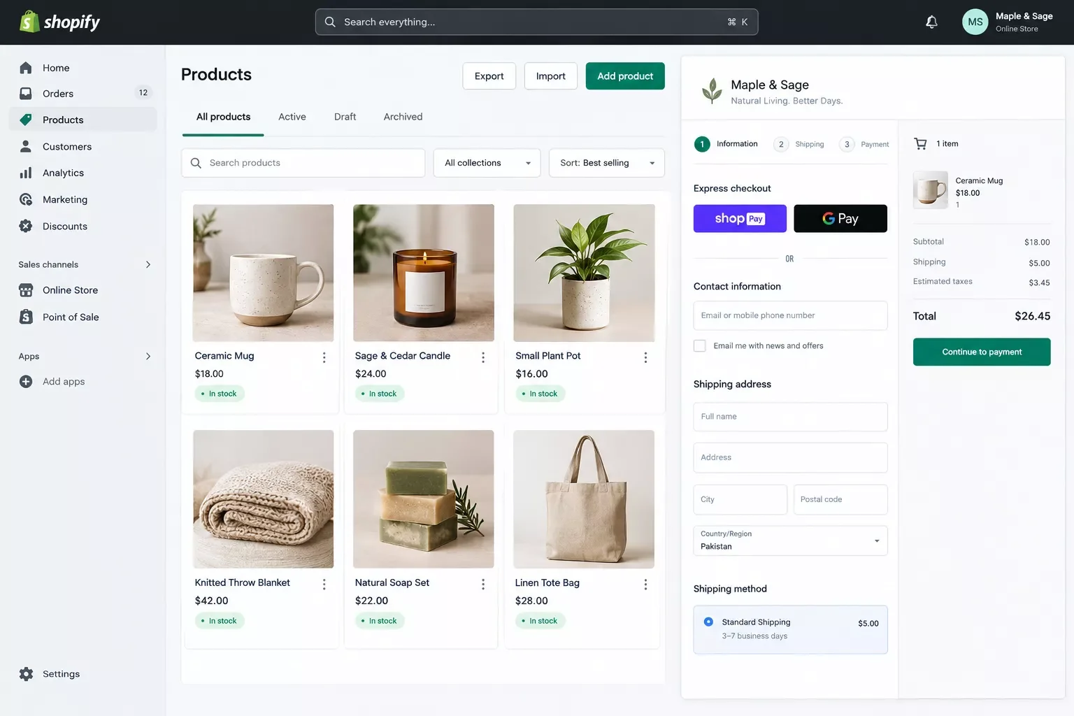 Shopify online store checkout page showing a small product catalog