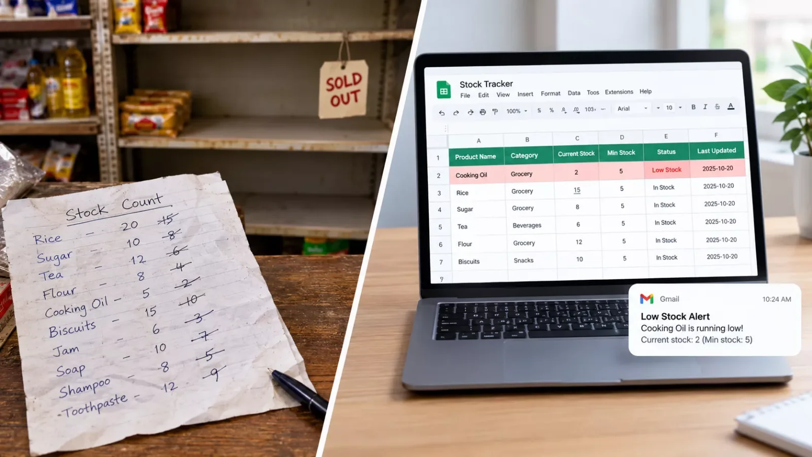 Split image: a cluttered paper stock count beside a clean Google Sheets inventory tracker with one low-stock row in red