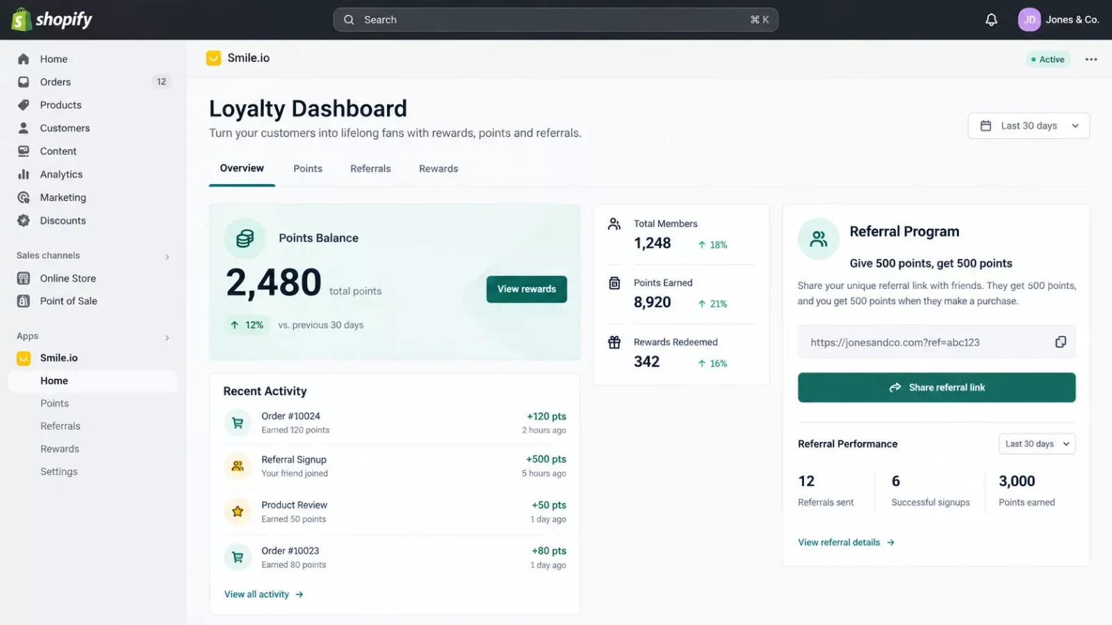 Smile.io loyalty dashboard showing points balance and referral program