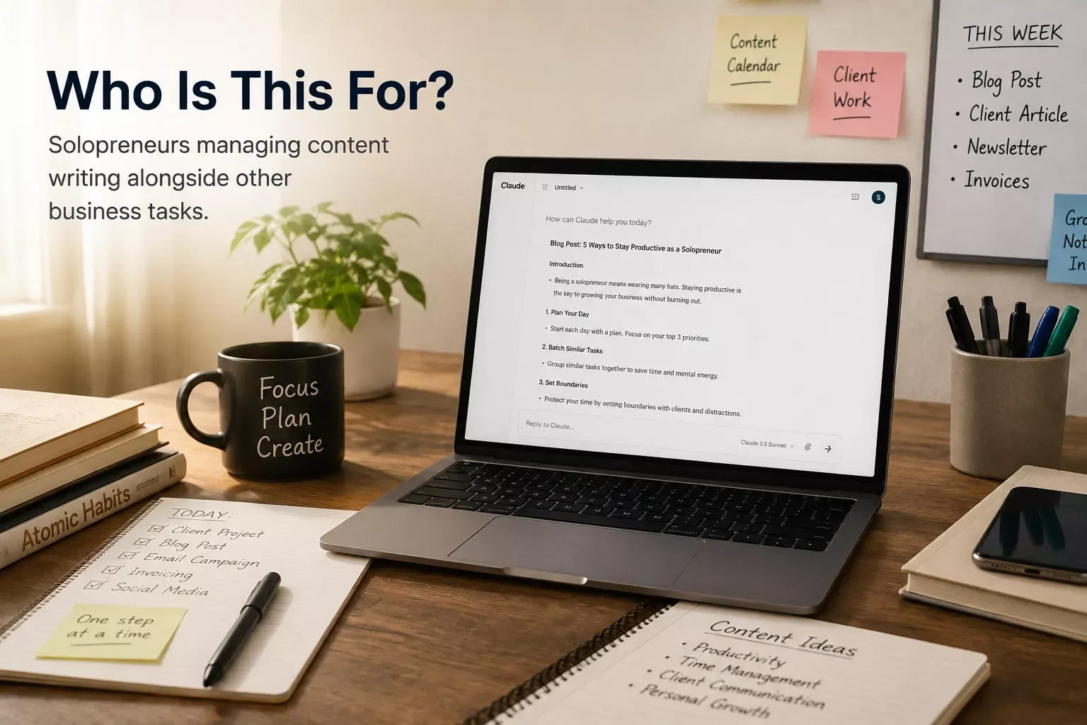 Solopreneur managing content writing alongside other business tasks