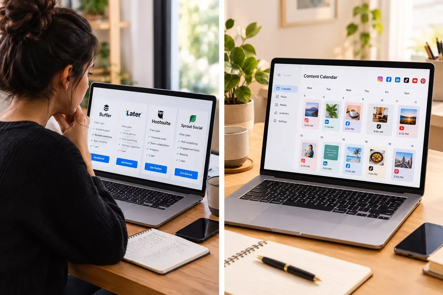 Solopreneur comparing social media scheduling tools on a laptop