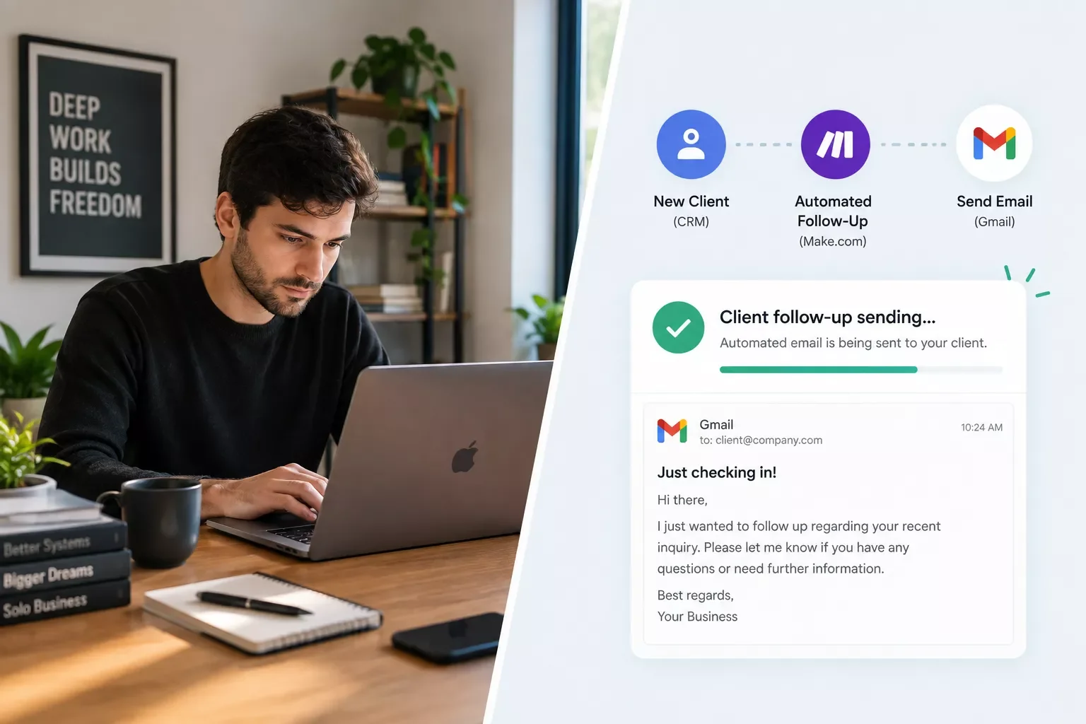Solopreneur working heads-down on a laptop while an automated client follow-up sends itself in the background