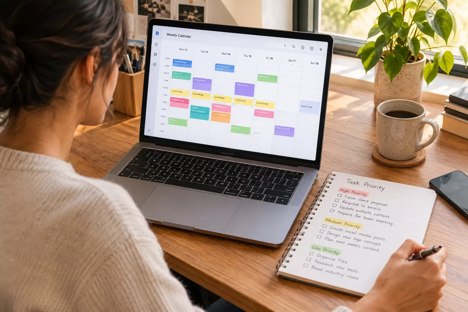 Solopreneur reviewing a color-coded weekly calendar next to a task priority list