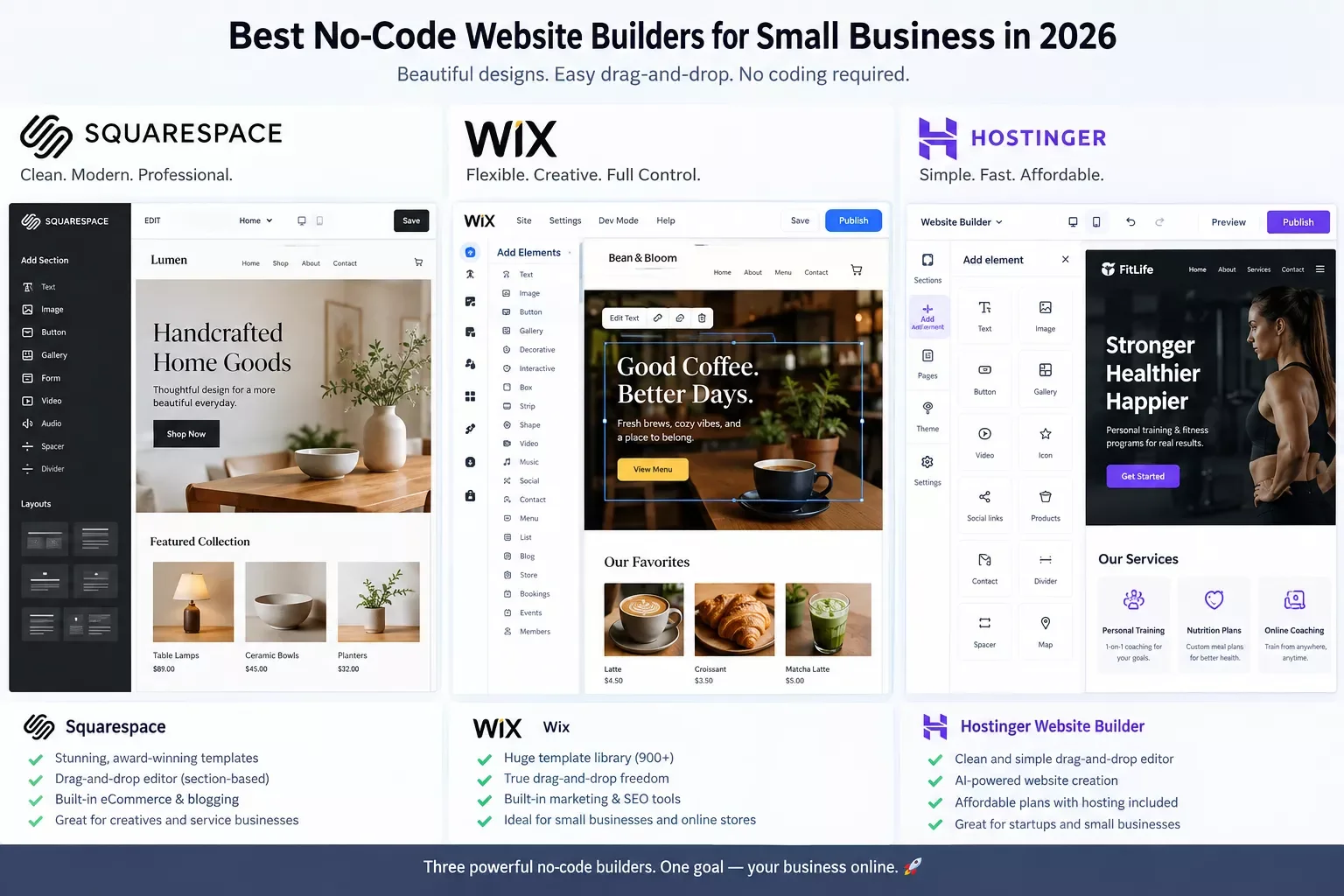 Comparison view of three no-code website builder editors side by side
