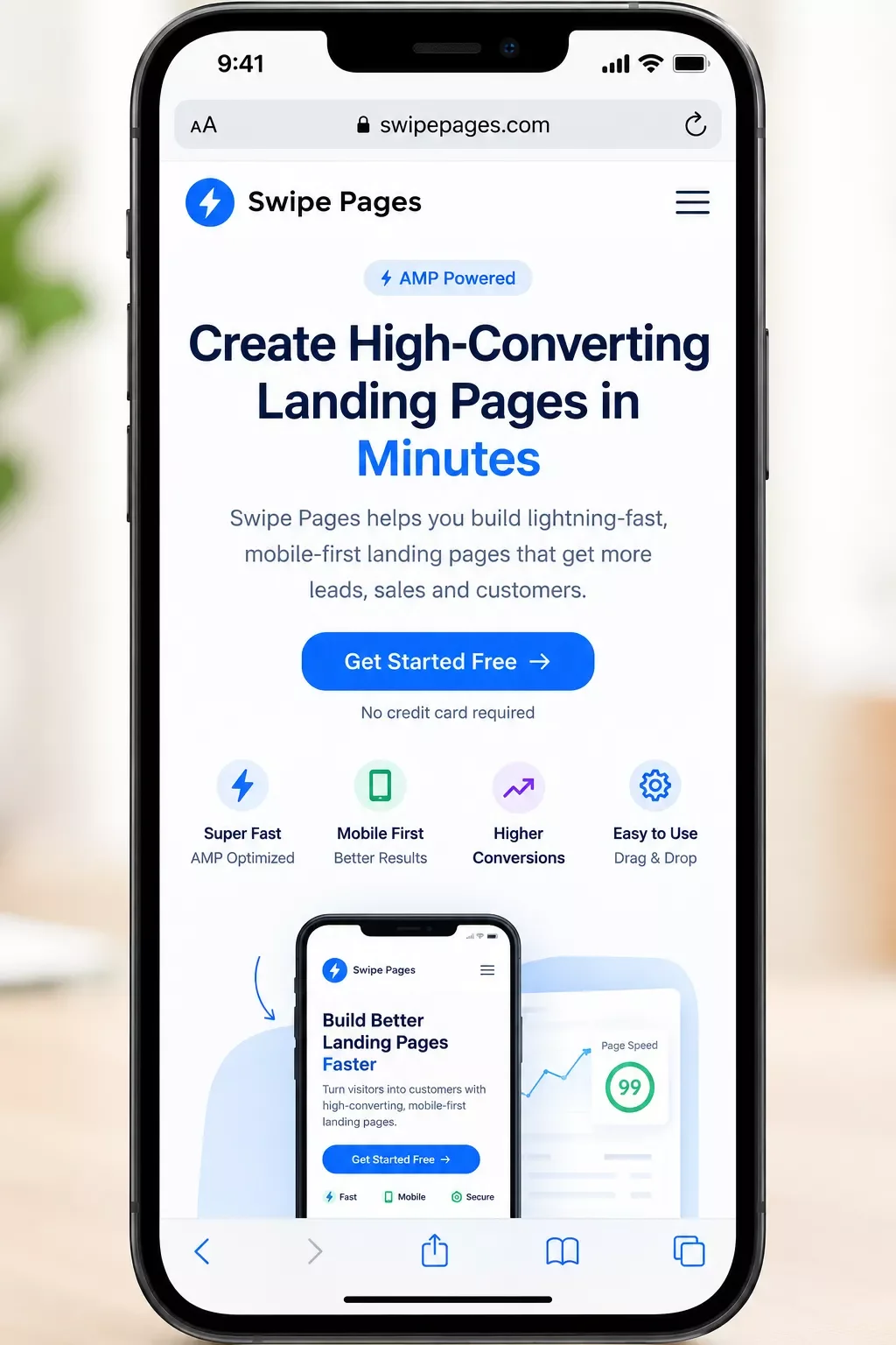Swipe Pages mobile-first landing page loading quickly on a smartphone screen