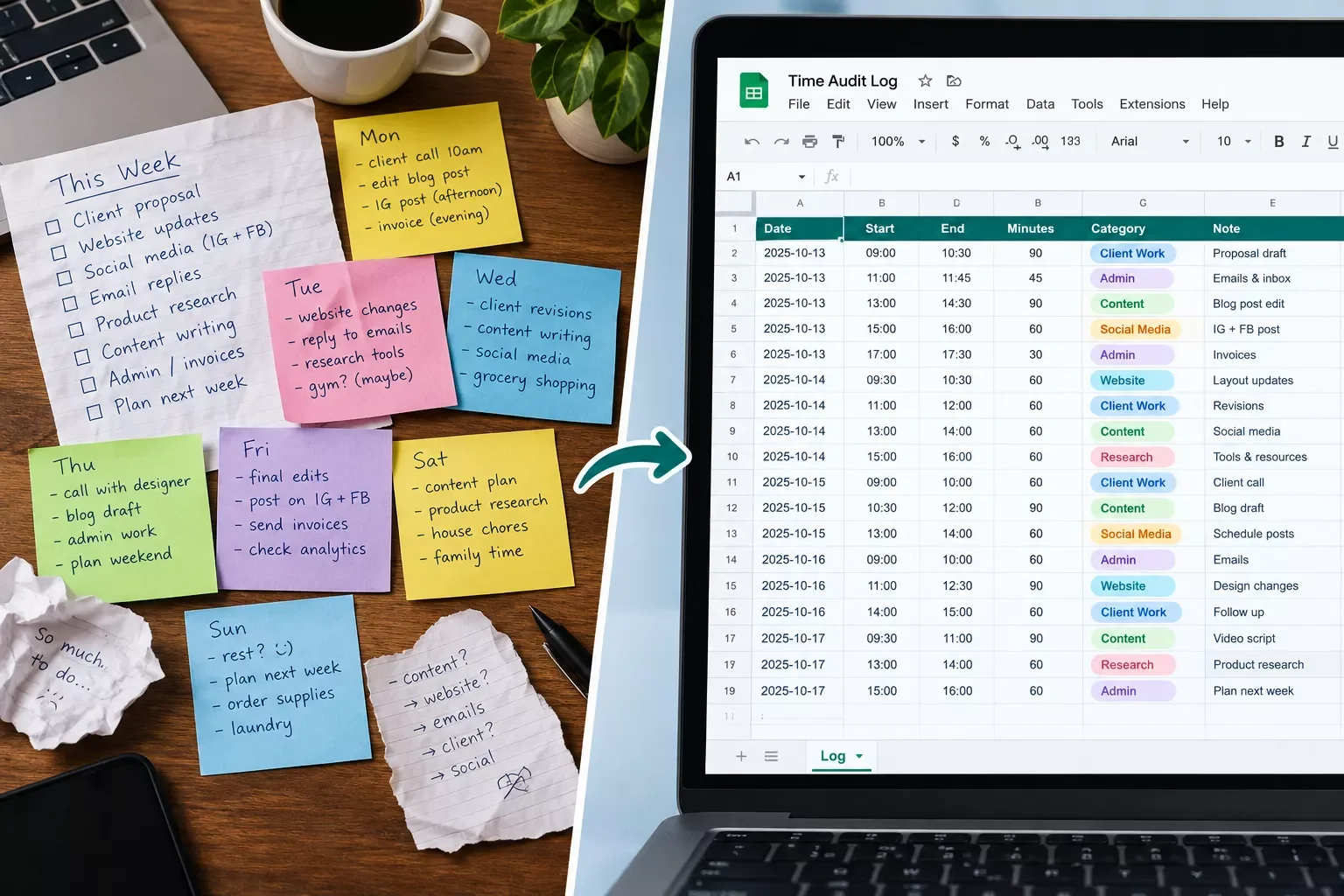 Handwritten weekly notes beside a Google Sheet time audit log with date, category and minutes columns