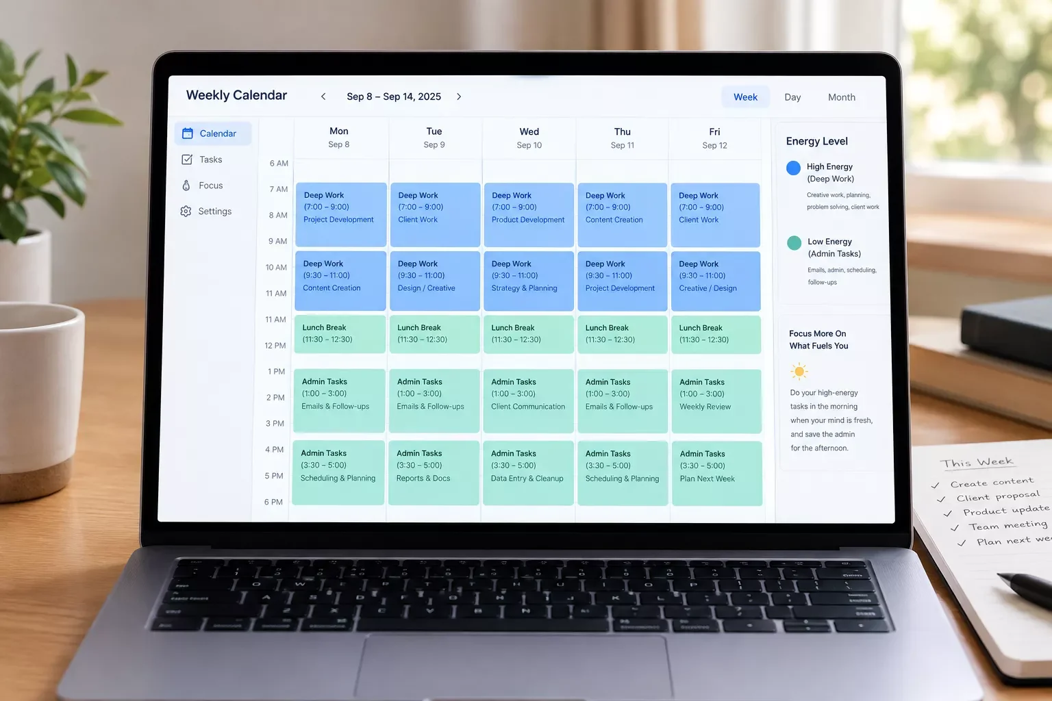 Weekly calendar showing high-energy tasks in morning blocks and low-energy tasks in afternoon blocks