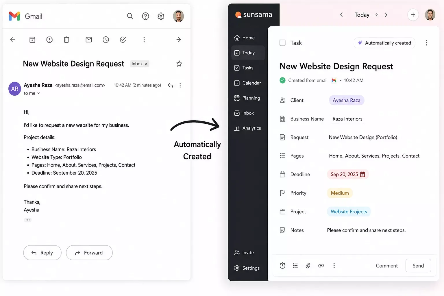 Screenshot showing a task automatically created in a to-do list app from an incoming client email