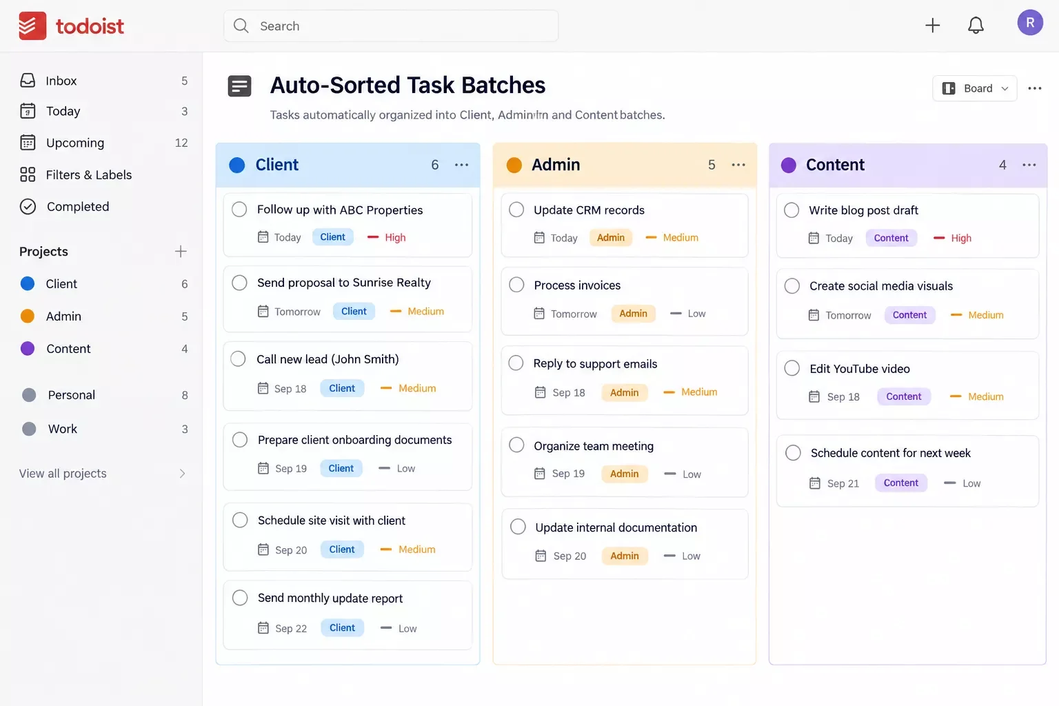 Todoist board showing tasks automatically organized into Client, Admin, and Content labeled batches