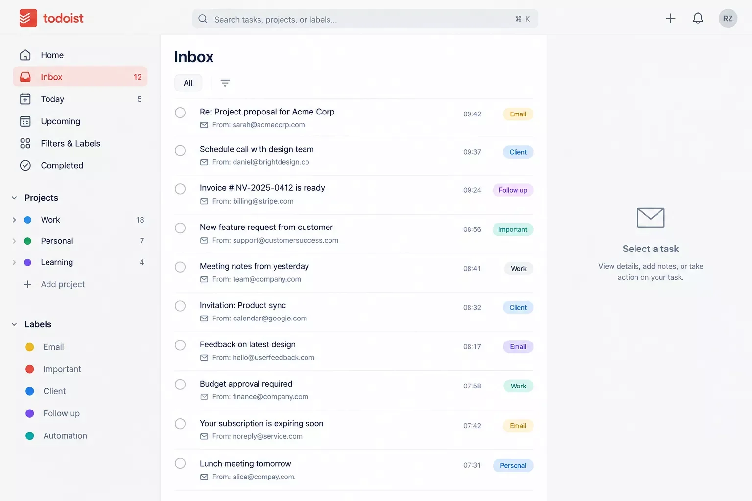 Todoist Inbox list showing tasks created automatically from incoming emails