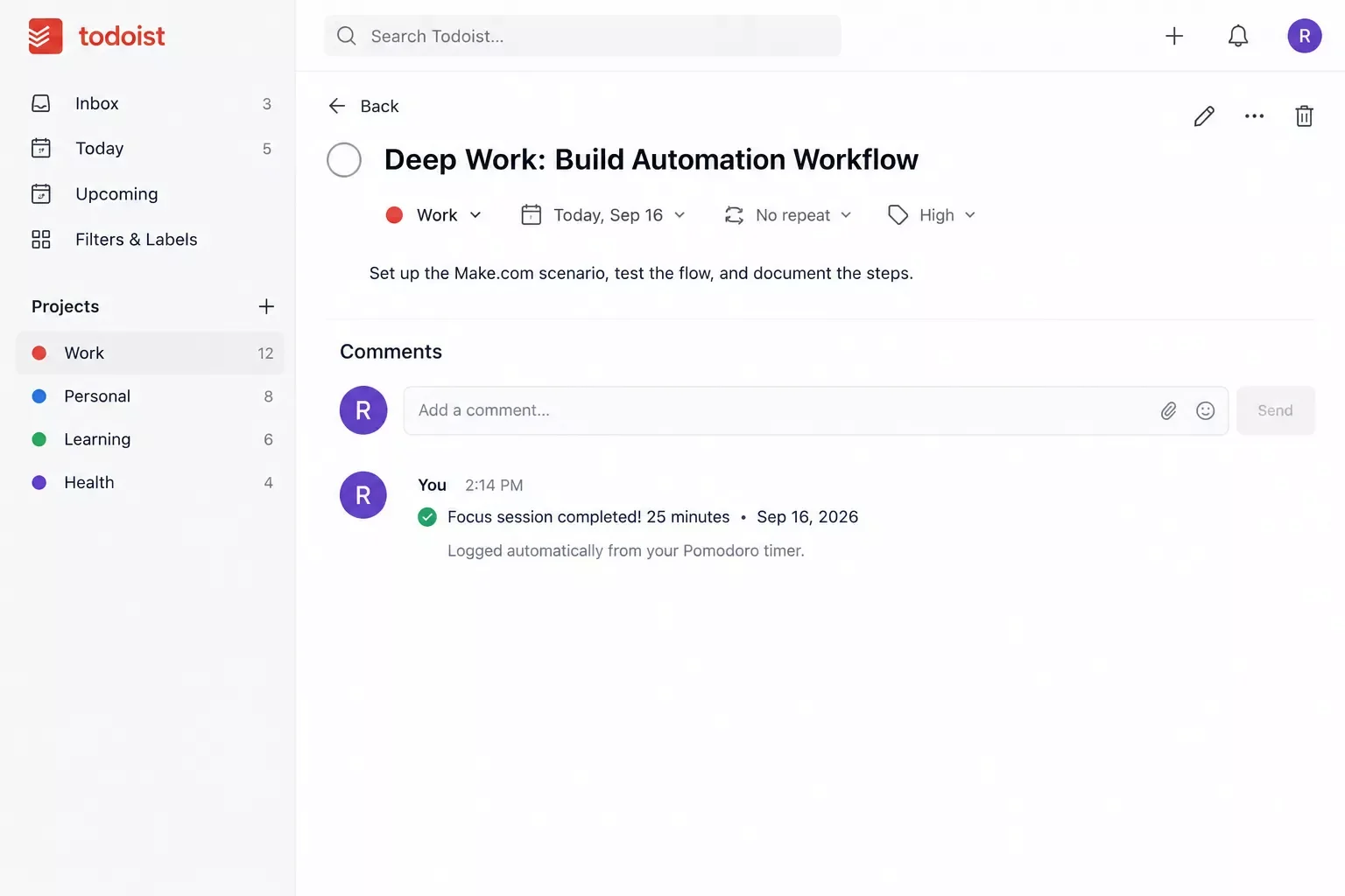Todoist task with a new comment logging the length and date of a completed focus session