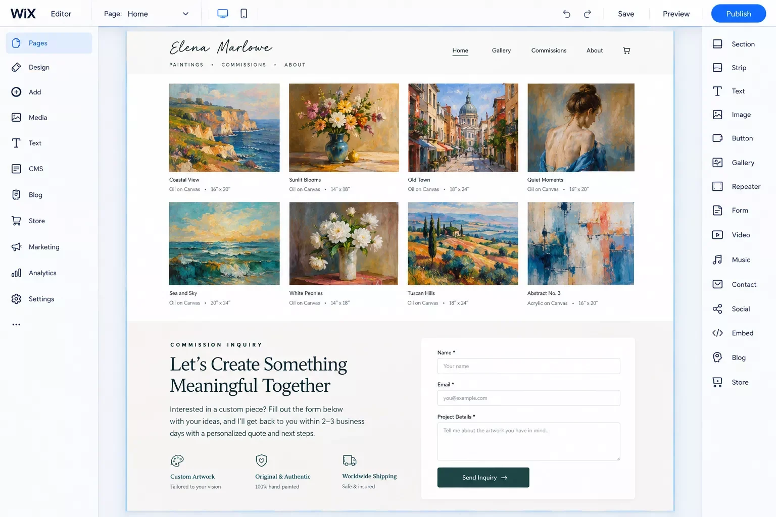 Wix Editor showing an artist portfolio page with a gallery grid above a commission inquiry form