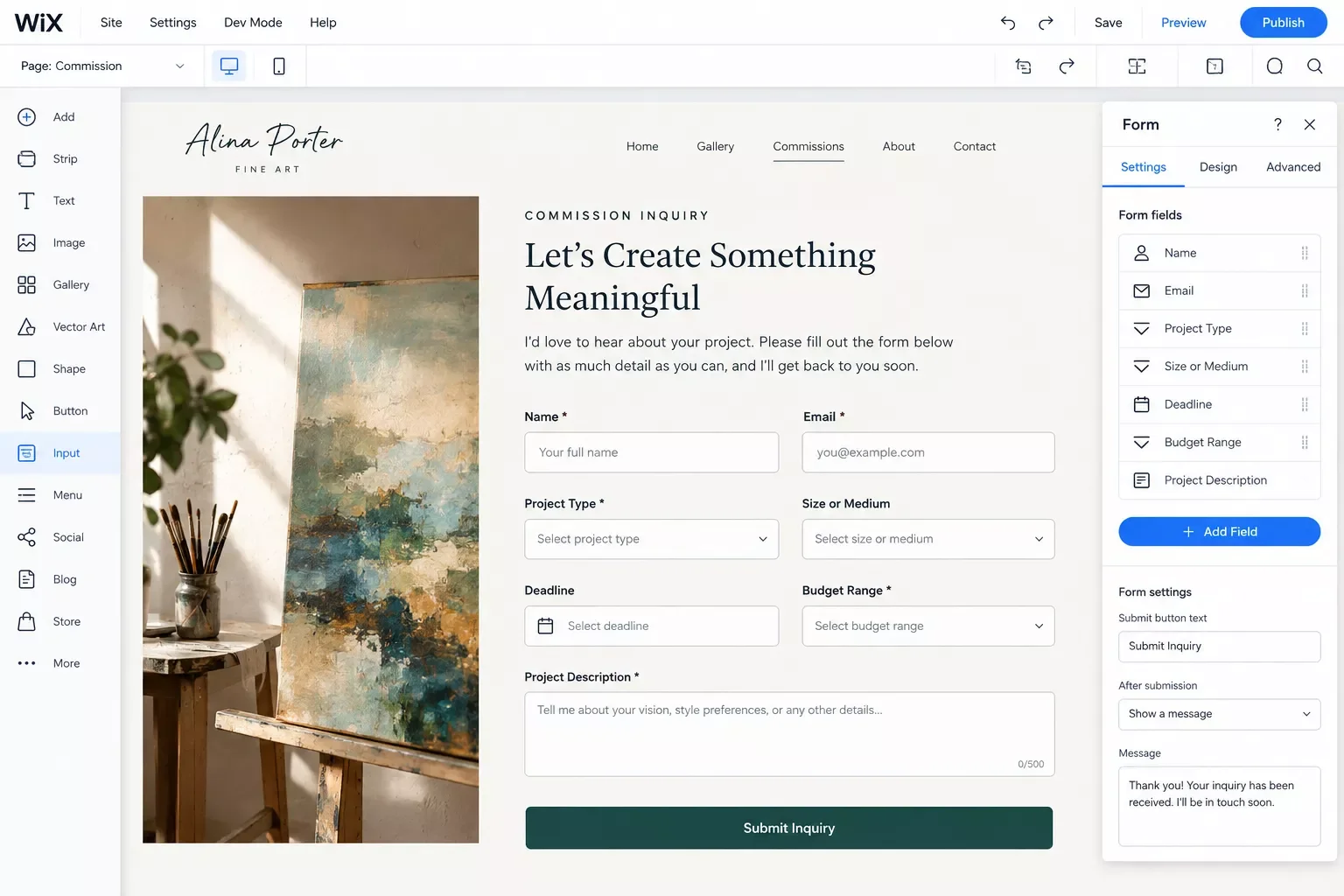 Wix form editor showing commission inquiry fields: name, email, project type, budget range, deadline, and description