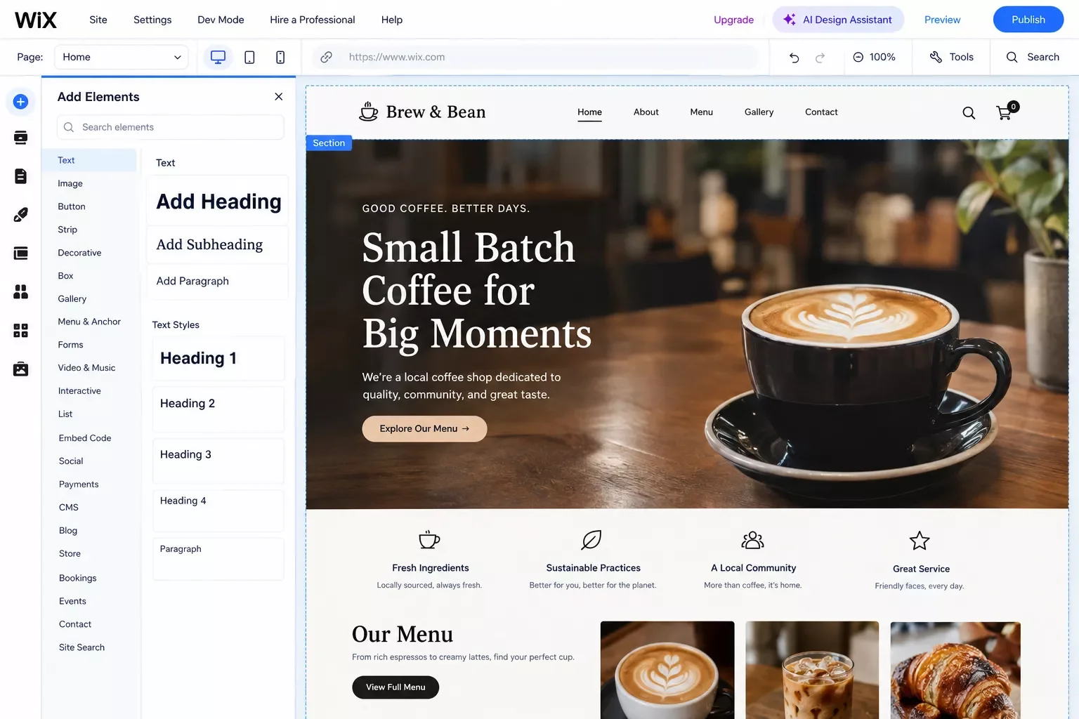 Wix drag-and-drop website editor interface with a small business template open