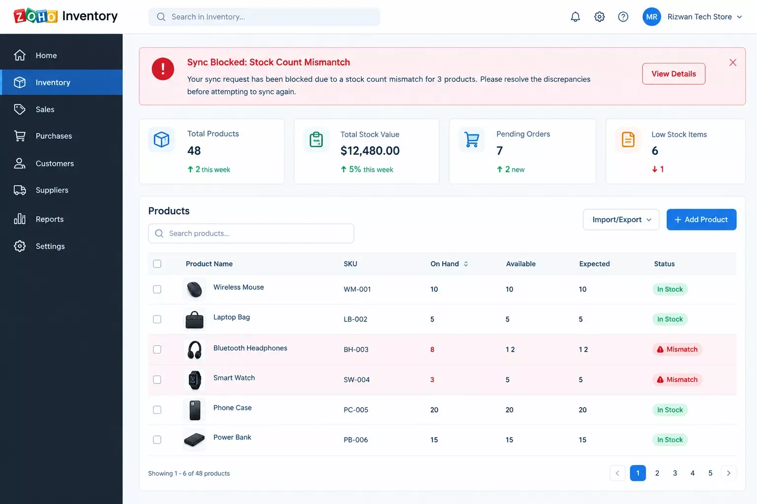 Zoho Inventory error message showing a blocked sync request